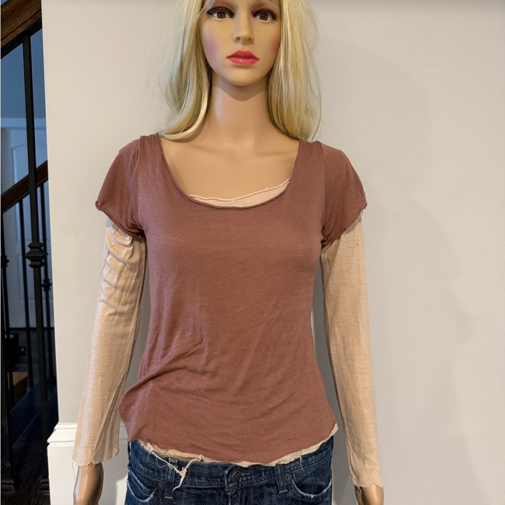 Sweetees Casual Layered Long Sleeve Top - Brown and Cream